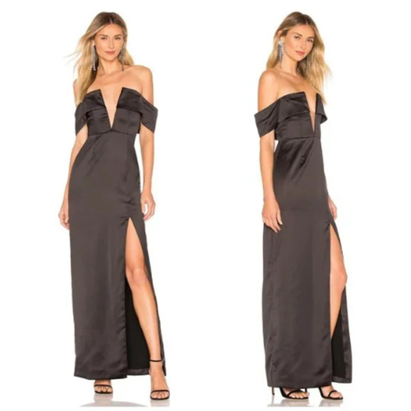 NWT NBD Muna Satin Gown Dress Women's Size XS Black Off-The-Shoulder Side Slit - Picture 1 of 12